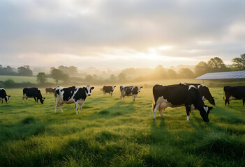 Obraz premium Sustainable dairy farming and renewable energy, cows grazing in a misty green pasture with solar panels at sunrise in a rural agricultural landscape
