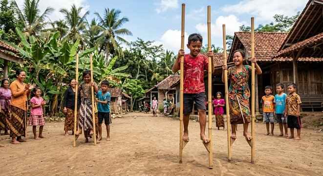 Indonesian children playing egrang (bamboo stilts)
