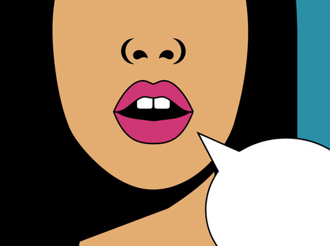 Pop Art Illustration of Woman's Face with Pink Lips and Blank Speech Bubble