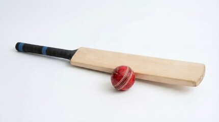 Naklejka premium Wooden Cricket Bat with Red Leather Ball Isolated on White Background 