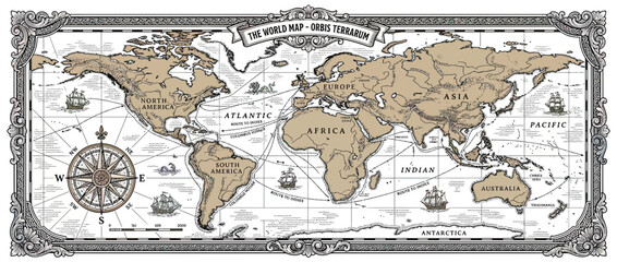 Vintage World Map Illustration with Ships and Compass Rose © rezkiahmad