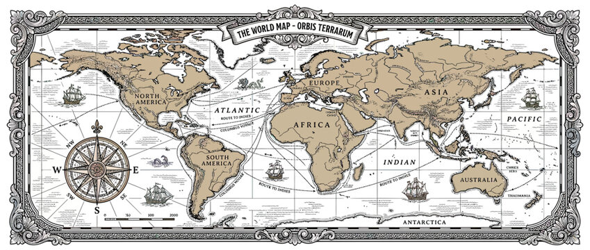 Vintage World Map Illustration with Ships and Compass Rose