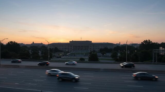 Cars on highway at dusk with Pentagon building in background, Washington DC