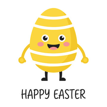 Smiling yellow easter egg character with happy face and easter greeting