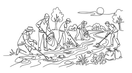 Fototapeta premium Volunteers Cleaning Riverbank: Community Effort, Environmental Protection