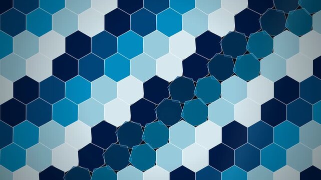 Animated blue hexagon grid pattern transitions on dark background, concept for data technology, cyber security and digital backgrounds