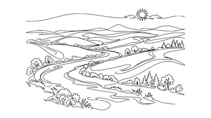 Obraz premium Winding River Landscape Drawing, Isolated, Transparent Background, Nature Outline