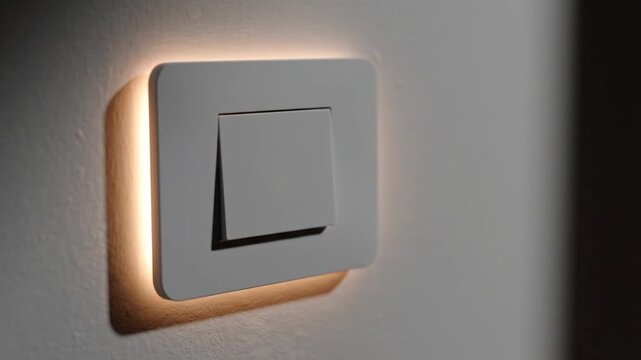 A person's finger presses a modern square wall switch, causing a warm amber light to glow from behind the panel in a dimly lit room.