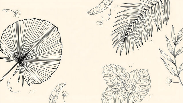 Minimalist hand-drawn sketch of tropical palm leaves on a soft beige background. This elegant botanical illustration is perfect for wedding invitations and stationery design.