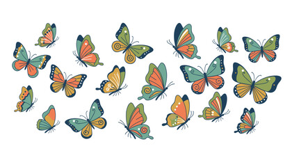 Fototapeta premium Diverse collection of nineteen colorful butterflies in different patterns and colors flying across a white background.