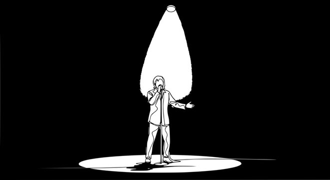 Singer performing under spotlight, isolated on white background