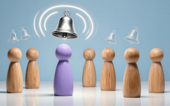 A purple figure stands before wooden peers, surrounded by glowing bells signaling alerts.