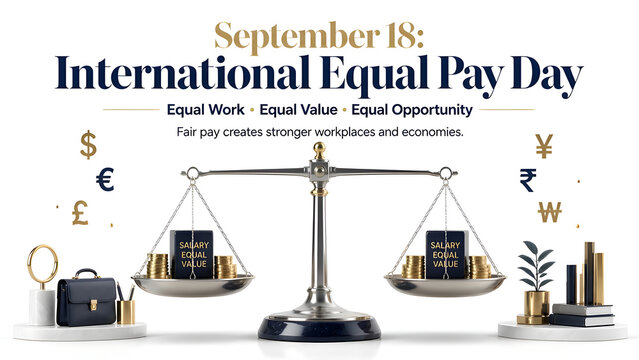 Equal Pay Day balance scale with salary coins and global currency symbols for fair compensation
