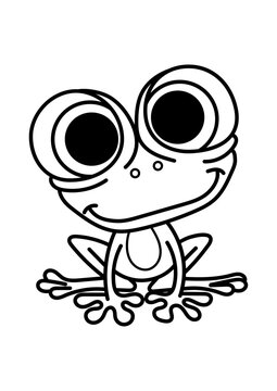Cute Cartoon Baby Frog Sitting, Big Eyes Froggy Coloring Page for Kids, Vector Clipart, Line Art