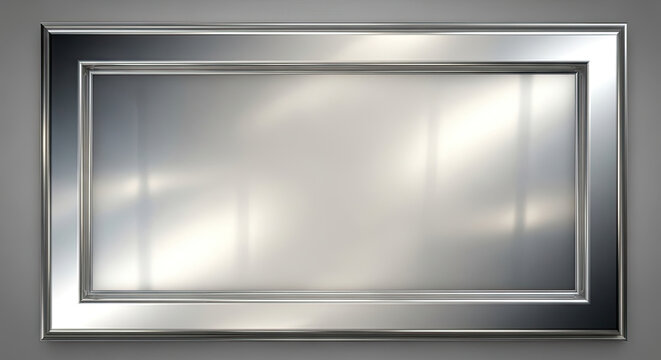 A metallic rectangular frame with a blank reflective surface inside.