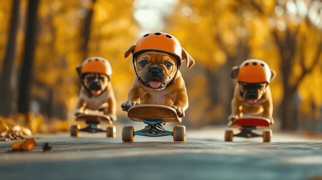 Canine skateboarding squad a trio of playful pups sporting helmets on boards in autumnal landscape