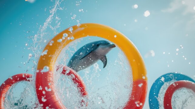 Dolphin's acrobatic leap through vibrant hoops showcases aquatic athleticism in playful display