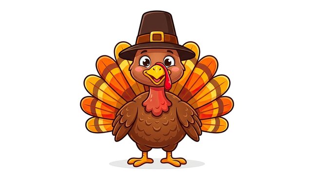 Happy Thanksgiving cartoon turkey in pilgrim hat