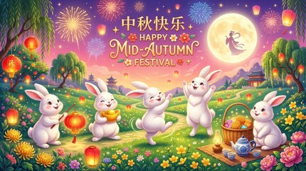 Fototapeta premium Happy Mid-Autumn Festival celebration with rabbits in a flower field