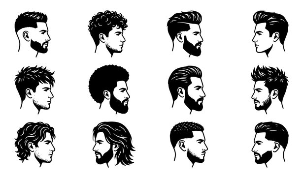 12 Men&rsquo;s Hairstyle Profile Silhouette Icons for Barbershop Vector