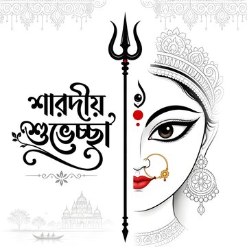 Durga Puja greeting card design with goddess face illustration and trident symbol