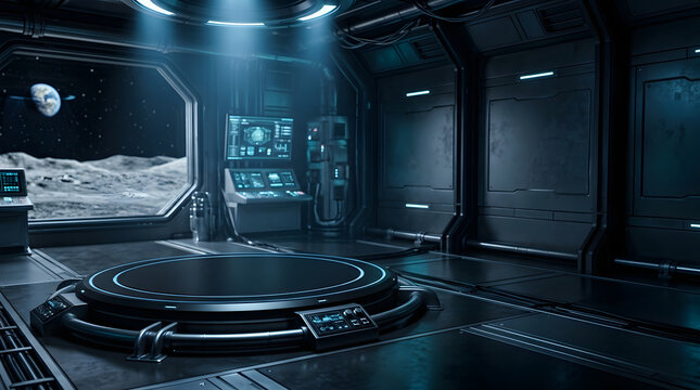 Futuristic spaceship interior room with large window viewing alien moon landscape and tech console