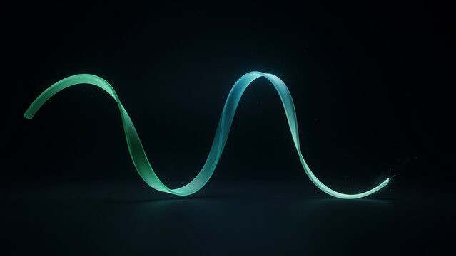 Glowing teal and green light wave trail forming a sine curve on a dark background