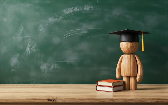 Wooden graduate figure stands beside books, symbolizing academic achievement before a chalkboard.