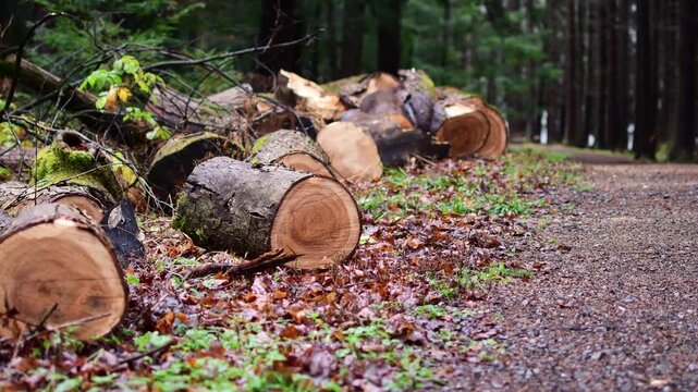 Wet weather dark moody forest fall season, cold copy space outdoor woodland trail, hiking authentic, autumn foliage 