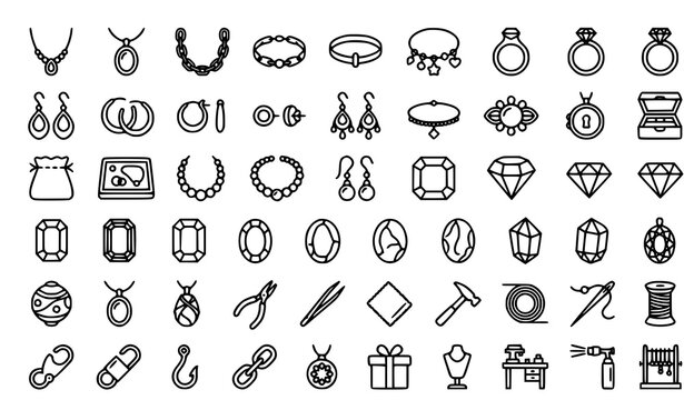 Handcrafted Jewelry Artisan Accessories and Gemstone Thin Line Vector Icons
