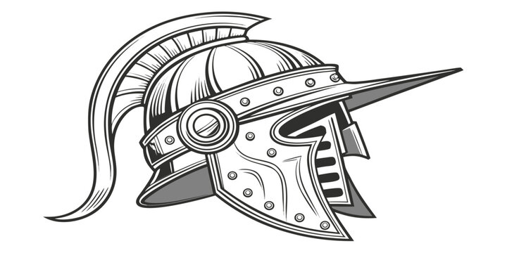 Ancient Roman gladiator helmet illustration, vintage style spartan warrior headgear icon.