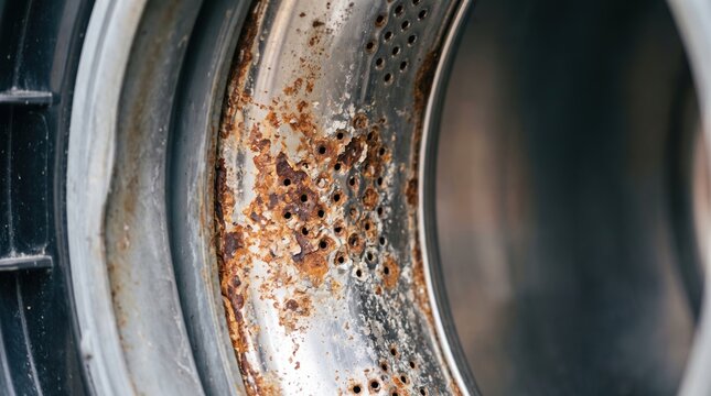 Closeup of rusted washing machine drum highlighting wear and tear, detailed rusty surface textures and corrosion around edges. Authentic depiction of washing machine condition for repair guides.