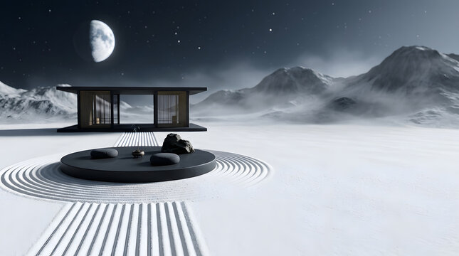 Modern architectural house in snowy winter mountain landscape with moon and zen garden
