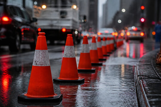 A line of orange traffic cones is set up on a wet, rainy city street with blurred vehicle lights in the background.