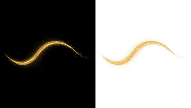 Golden glittering s-curve light trail isolated on black and white backgrounds