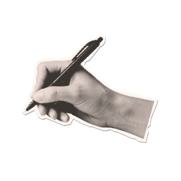 Retro halftone cutout sticker element of a human hand writing with a pen. Vintage mixed media and zine collage style with dotted texture.