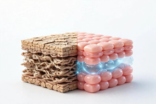 3D illustration of human skin layers anatomy showing epidermis and transdermal drug delivery with nanoparticles penetrating skin barrier