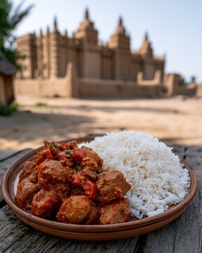 A plate of maafe with rice rests on wood, showcasing Mali&rsquo;s culinary charm