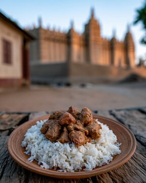 A colorful plate of maafe with rice stands majestically by the Great Mosque