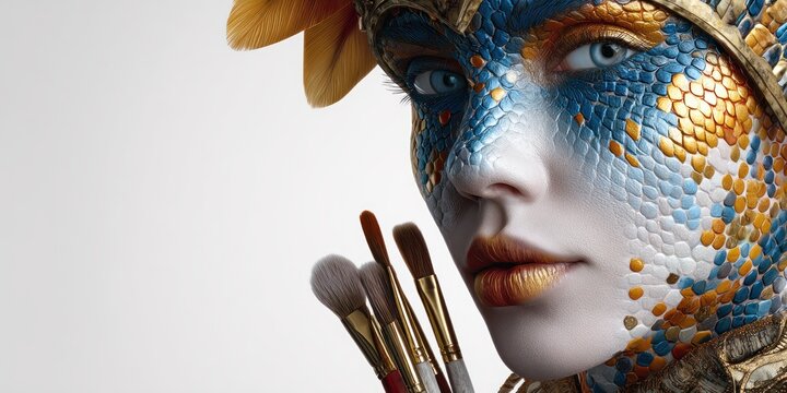 Woman with artistic face paint holding brushes portrait creative fantasy concept