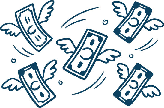 A line art pattern featuring multiple winged banknotes flying away in dynamic motion.