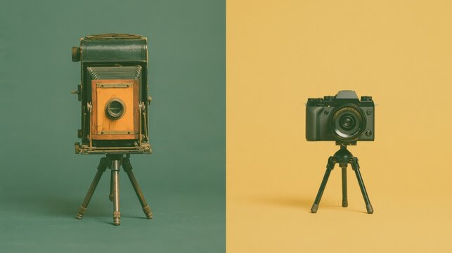Old wooden bellows camera and sleek mirrorless camera split the frame