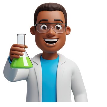 Happy cartoon scientist holding a test tube, 3D render, vibrant colors, detailed illustration