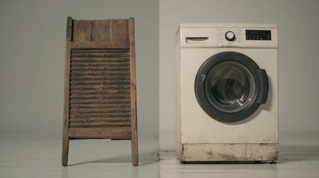 Rustic washboard and sleek washer show the gap of progress