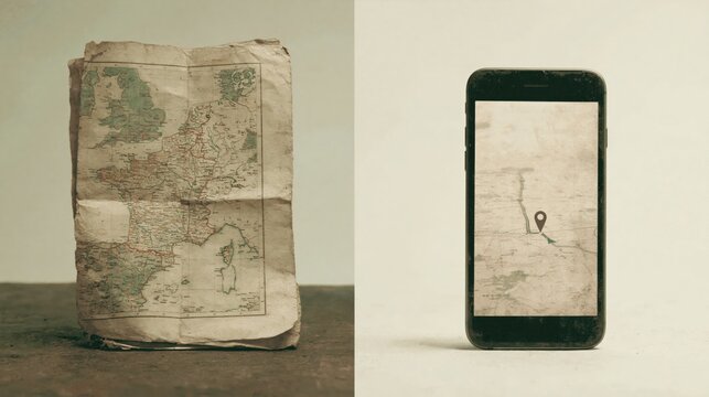 A weathered map sits beside a clean smartphone showcasing GPS technology