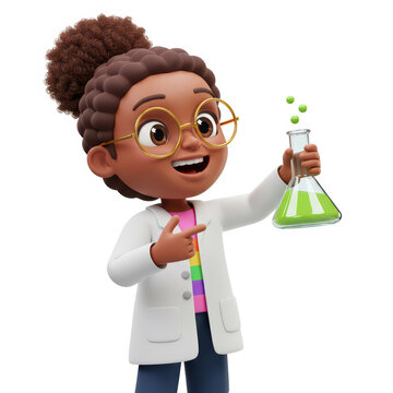 Happy cartoon scientist holding a test tube, 3D render, vibrant colors, detailed illustration