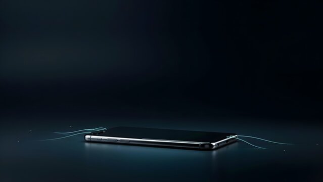 Unbranded mobile phone on a dark surface with glowing light waves &ndash; Ideal for telecom advertising, product mockups, or technology banners.