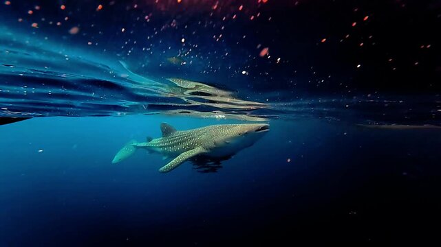 View of a whale shark swimming gracefully near the water surface in the deep blue ocean of Indonesia.