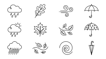 Fototapeta premium Autumn Weather Icons Set: Rain, Wind, Leaves, Sun, Umbrella