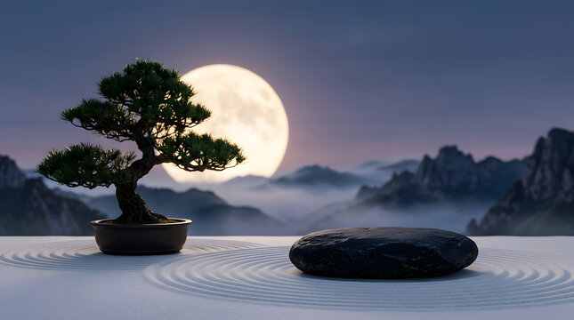 Bonsai tree with full moon and mountains in a peaceful zen garden night scene